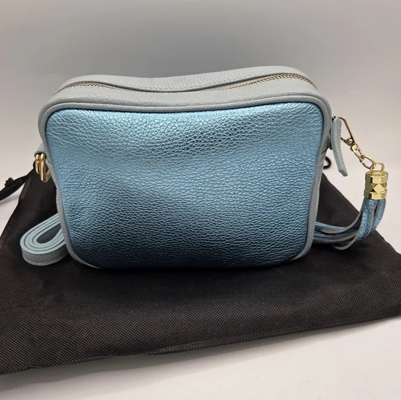 Elie Beaumont London Crossbody Handbag Purse Light Blue Pebbled Leather Metallic - Picture 3 of 10